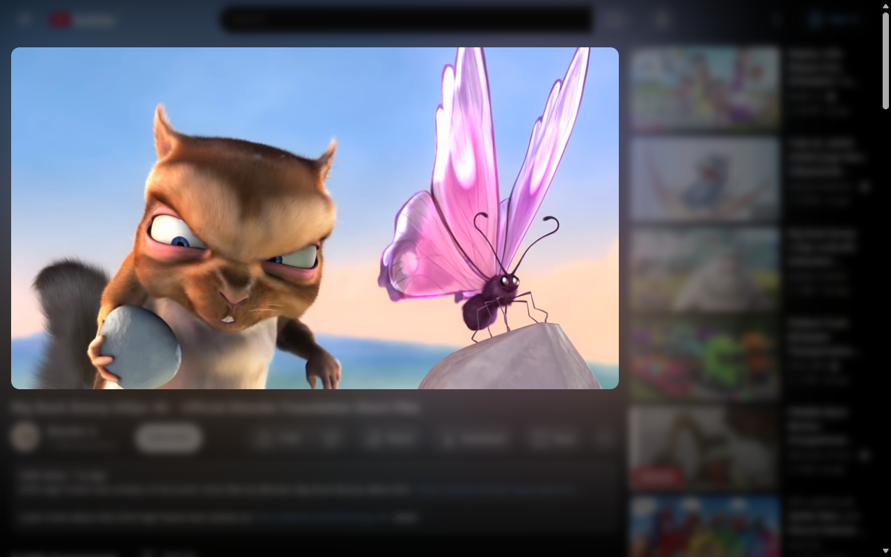 YouTube in Tempo's cinema mode: the video is bright and sharp while the page around it is dimmed and blurred, with a blue glow behind the player.
