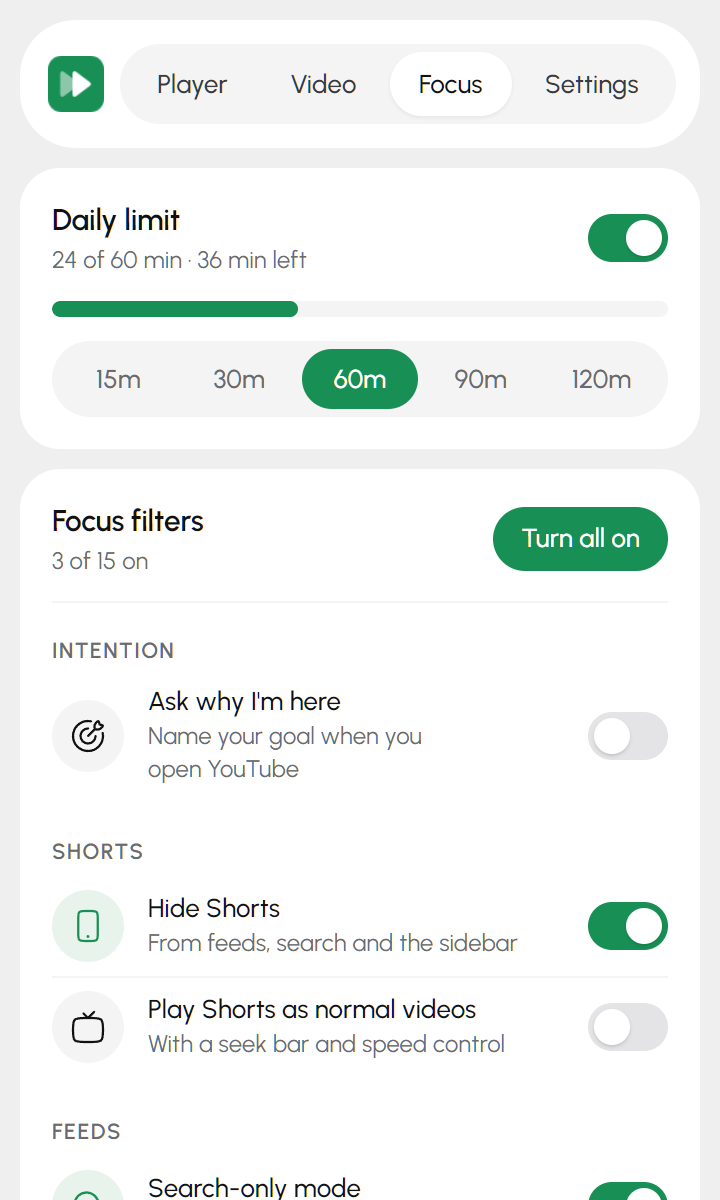 Focus tab: a 60-minute daily limit with 24 minutes watched, and focus filters such as hide Shorts and search-only mode.