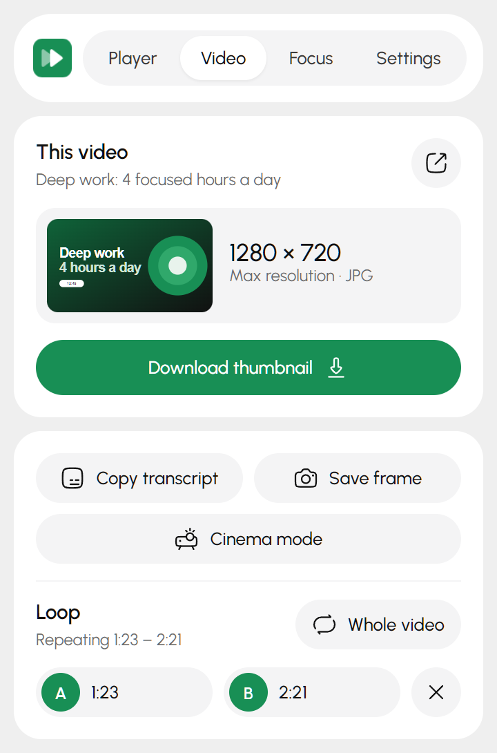 Video tab: download the thumbnail in 1280 × 720, copy the transcript, save a frame, cinema mode, and an A–B loop from 1:23 to 2:21.